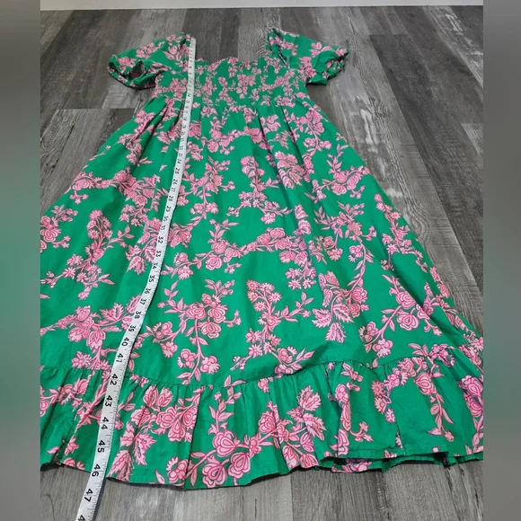 J. Crew Factory Smocked Midi Dress Floral Green/ Pink Puff Short Sleeves Size M - Picture 9 of 13